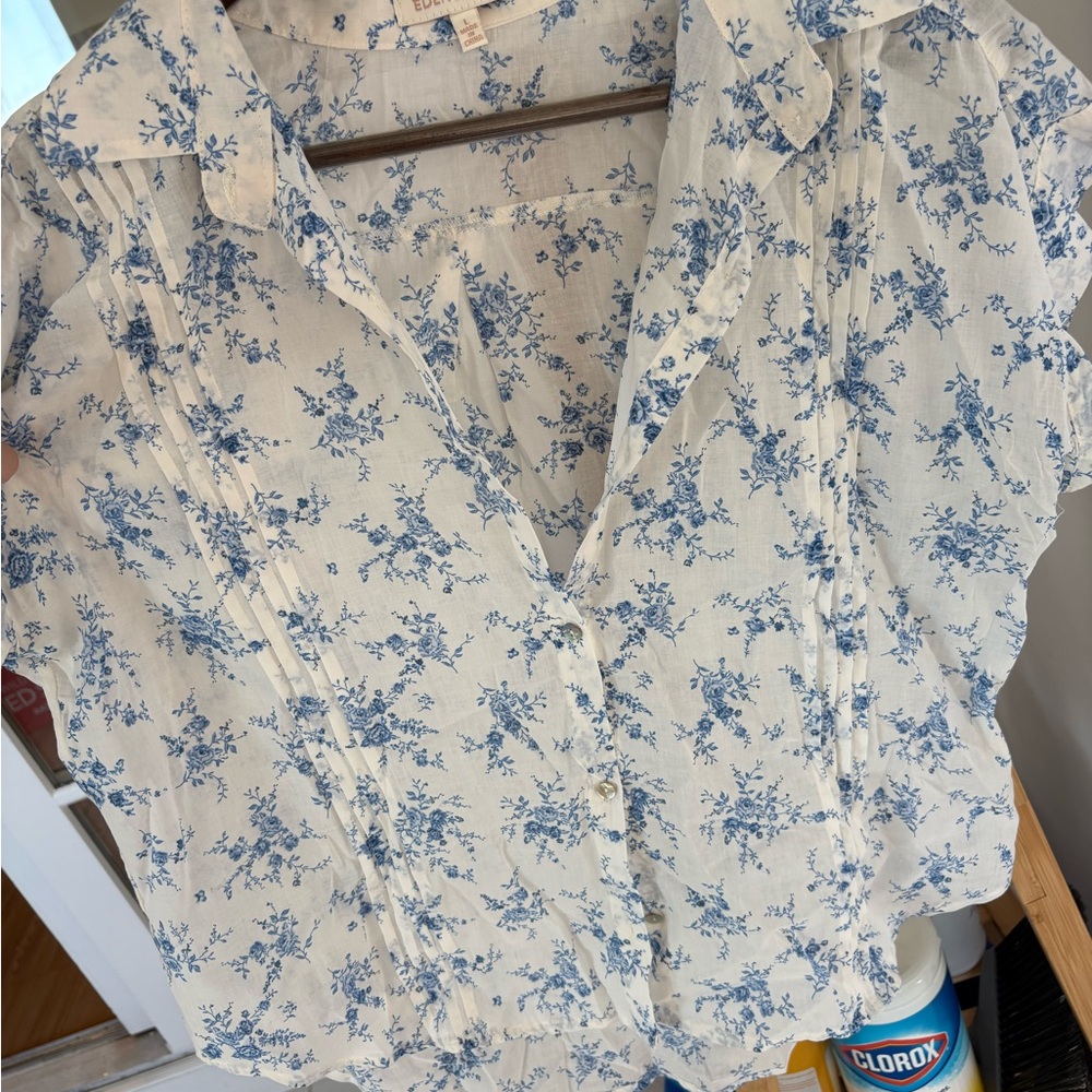 Floral Blue and White Women's Linen Top
